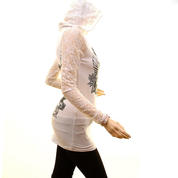 Gothic Angel Wing Fitted Lace Studded Hoodie Top - Picture 3 of 7